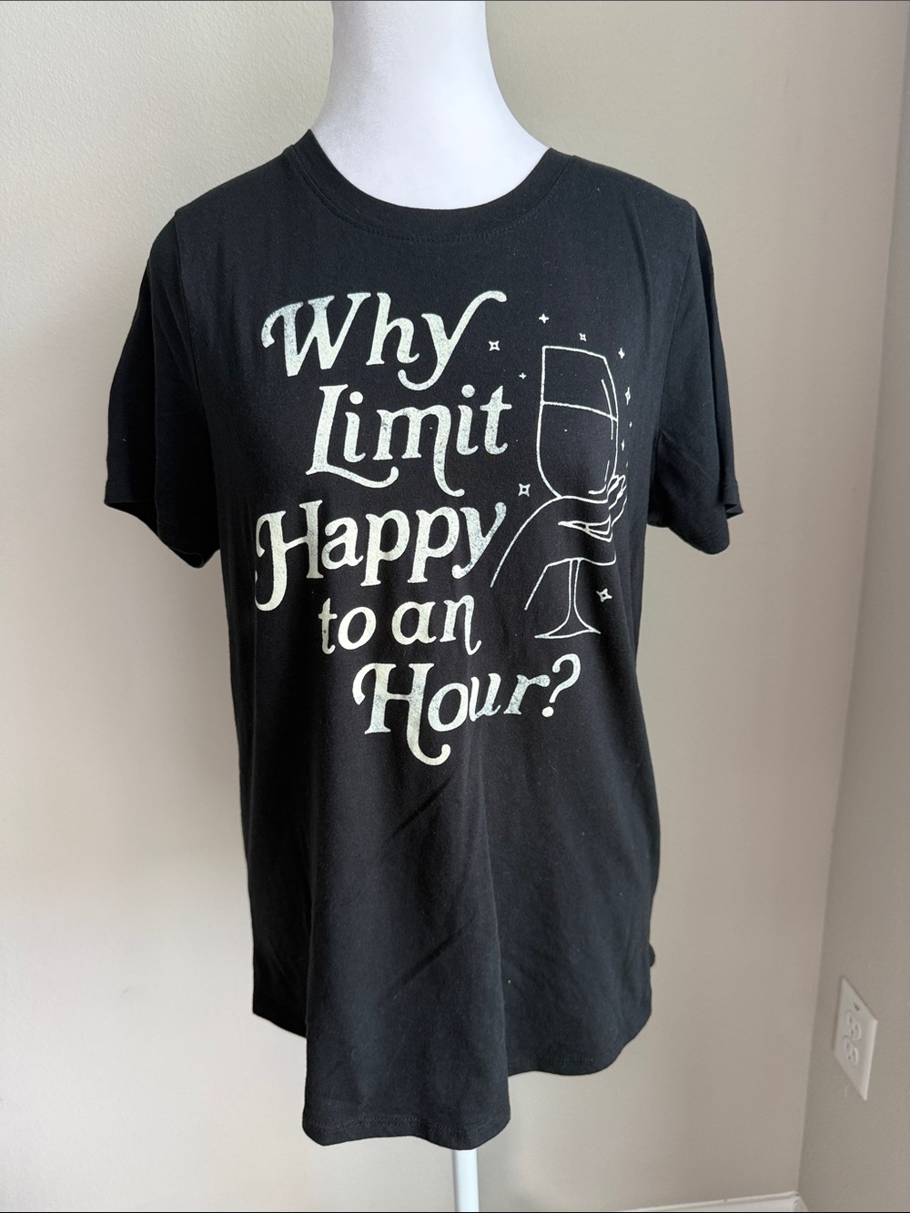 Mighty Fine Black Tee with White 'Why Limit Happy to an Hour?' Graphic
